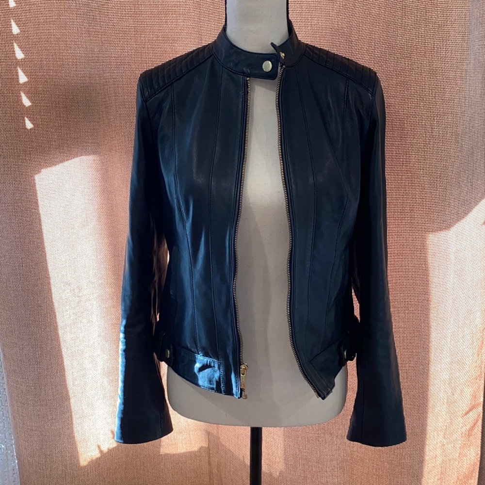 Cole Haan Genuine Leather Racer Jacket with Quilted Panels Sz XS